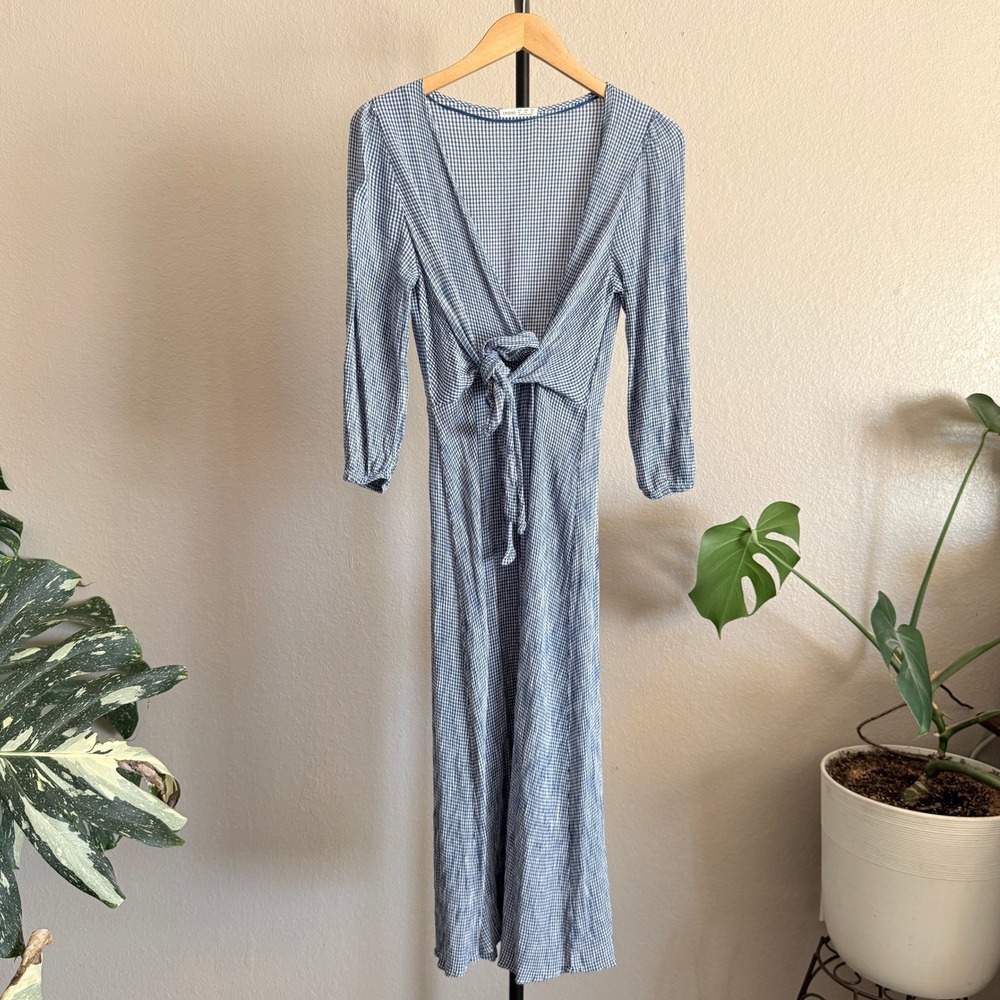 Oysho Blue White Gingham Tie Front Maxi Dress Womens Size Medium Beach Summer